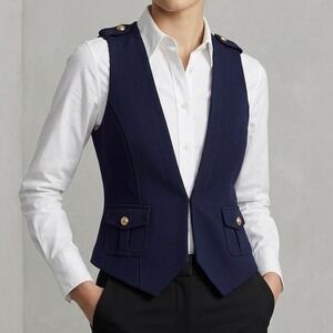 Vintage Cache Navy Blue Military Style Tailored Vest Gold Buttons Ponte Knit Med